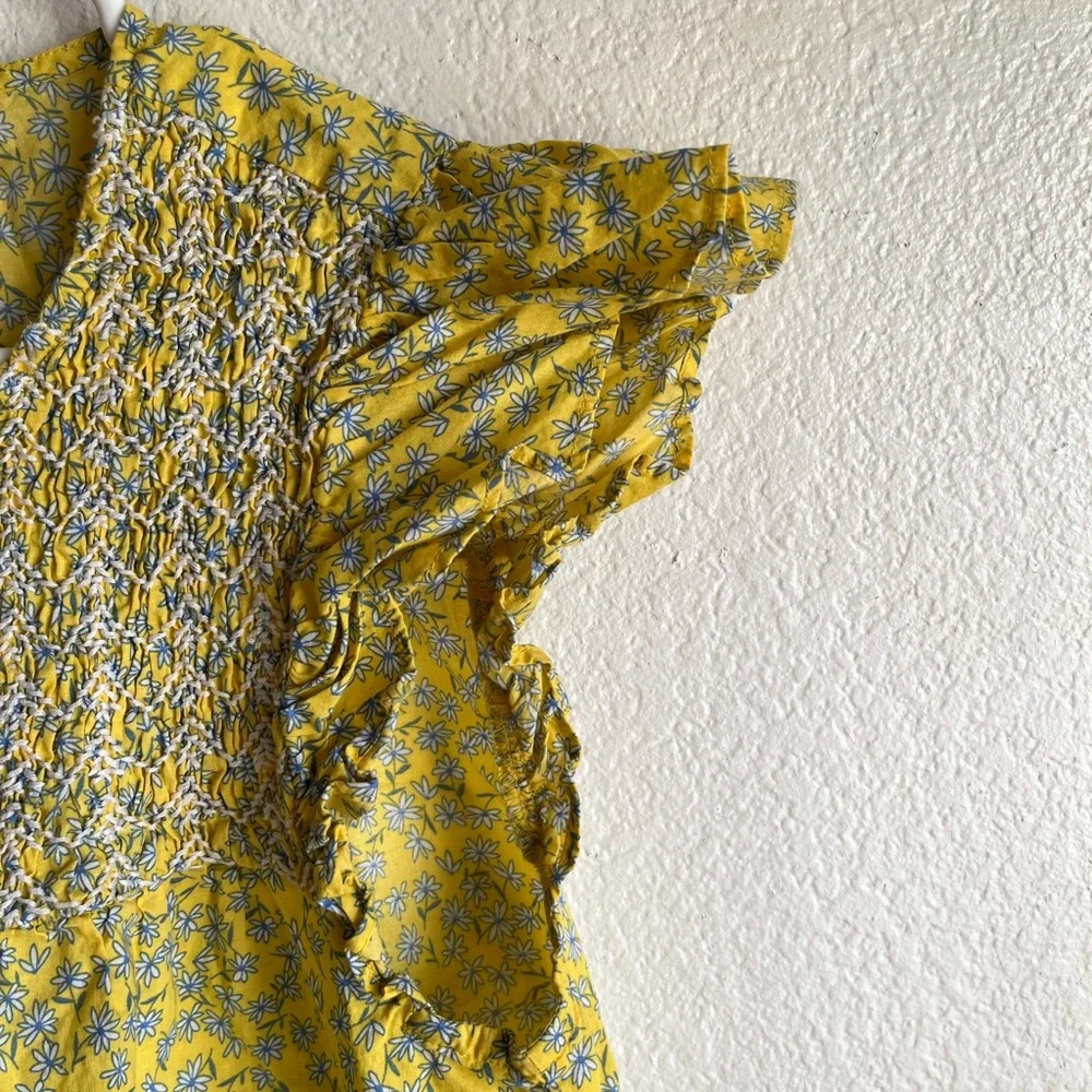 J. Crew Yellow Floral Top with Ruffle Detail boho babydoll ruffle sleeves - Picture 3 of 7